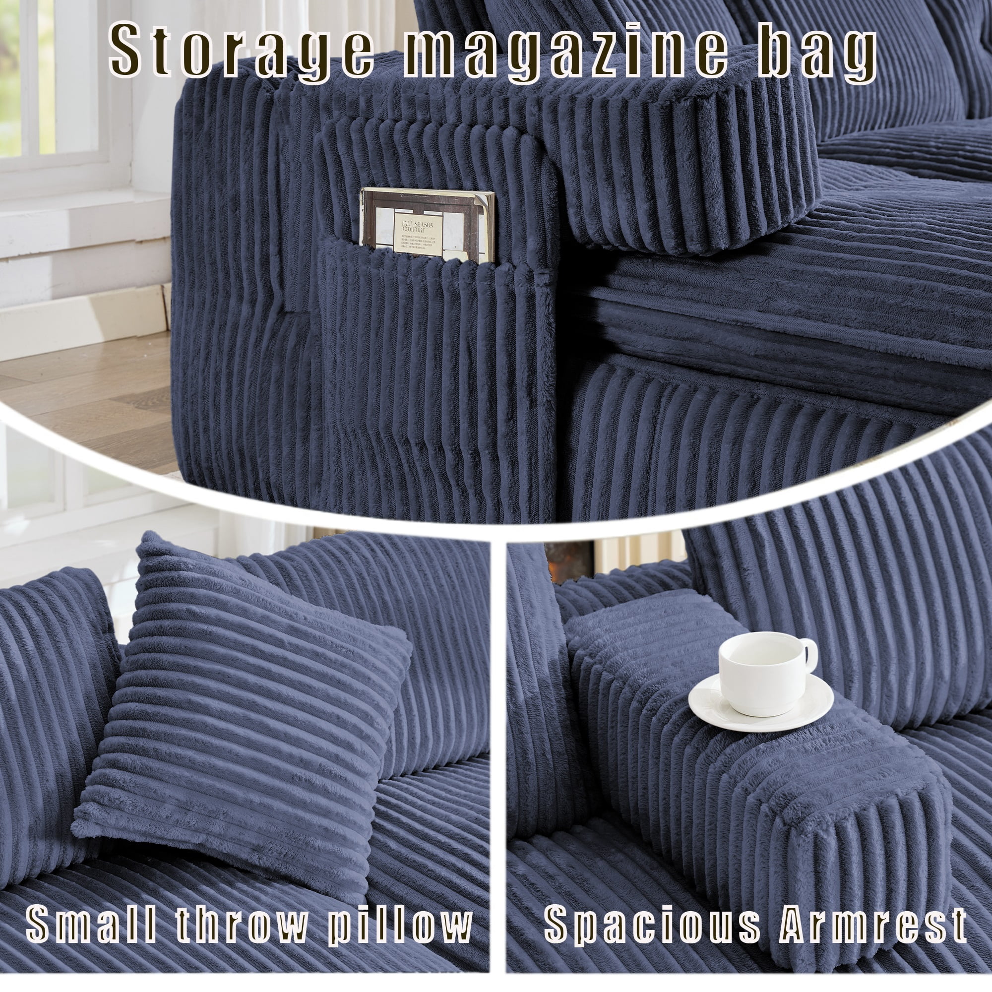 Howcool 149"W Oversized Modular Sectional Sofa,7-in-1 Corduroy U Shaped Sofa Couch with Double Chaise Lounge,Convertible Sleeper Sofa Bed,Deep Seat Cloud Couch for Living Room,Blue