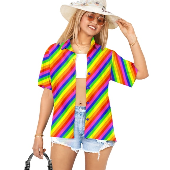 LA LEELA Women's Button Down Blouses Casual Summer Beach Party Blouses Shirt Hawaii Blouse Short Sleeve Vacation Dress Hawaiian Shirts for Women S Cross Stripes, Multicoloured