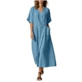 thumbnail image 2 of Horkkom Linen Dress Women Solid Color Crew Neck Short Sleeve Maxi Dresses Casual Flowy T Shirt Dress, S-2XL, 2 of 9