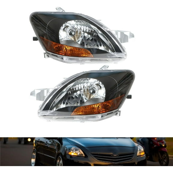 SEBLAFF Headlight For 2007-2012 Toyota Yaris Pair Set Left Right Headlamp Black Housing