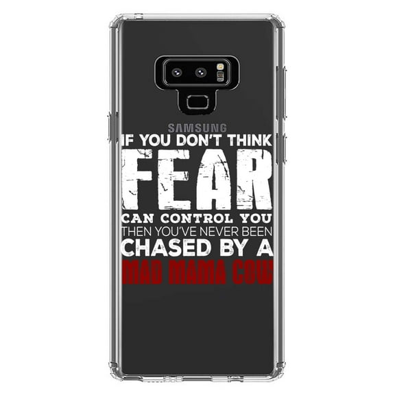 DistinctInk Clear Shockproof Hybrid Case for Samsung Galaxy Note 9 - TPU Bumper Acrylic Back Tempered Glass Screen Protector - Never Been Chased By A Mad Mama Cow