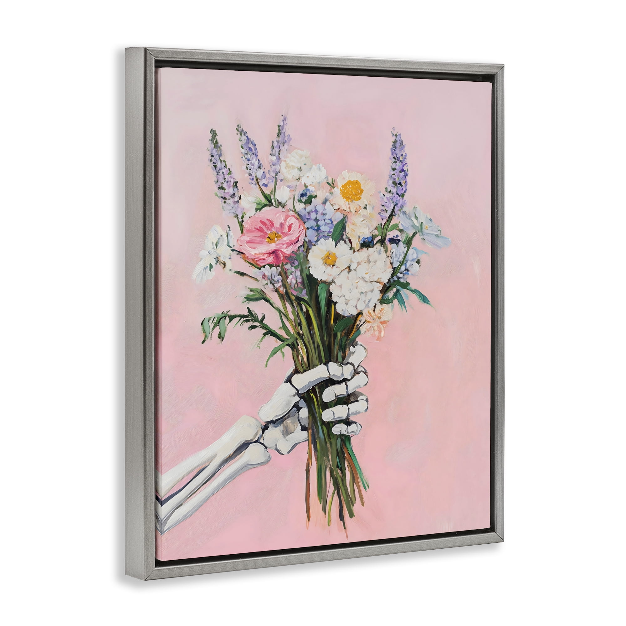 Stupell Industries Skeleton Hand Holding Flowers Gray Framed Floater Canvas Wall Art, design by The Prints Vibe