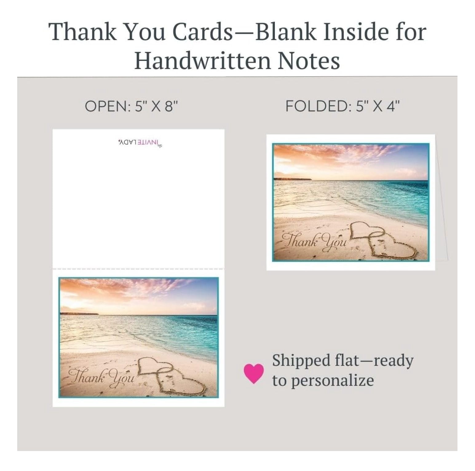 Beach Themed Thank You Cards Wedding Bridal Shower Notes With Envelopes (24 count)