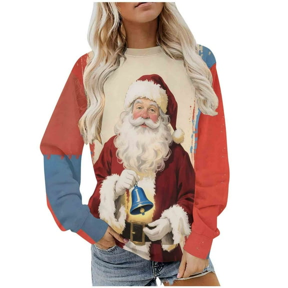 Women's Christmas Fleece Sweatshirt Long Sleeve Crew Neck Santa Claus Christmas Tree Graphic Print Casual Loose Hoodies for Holiday Party Multicolor-2 S