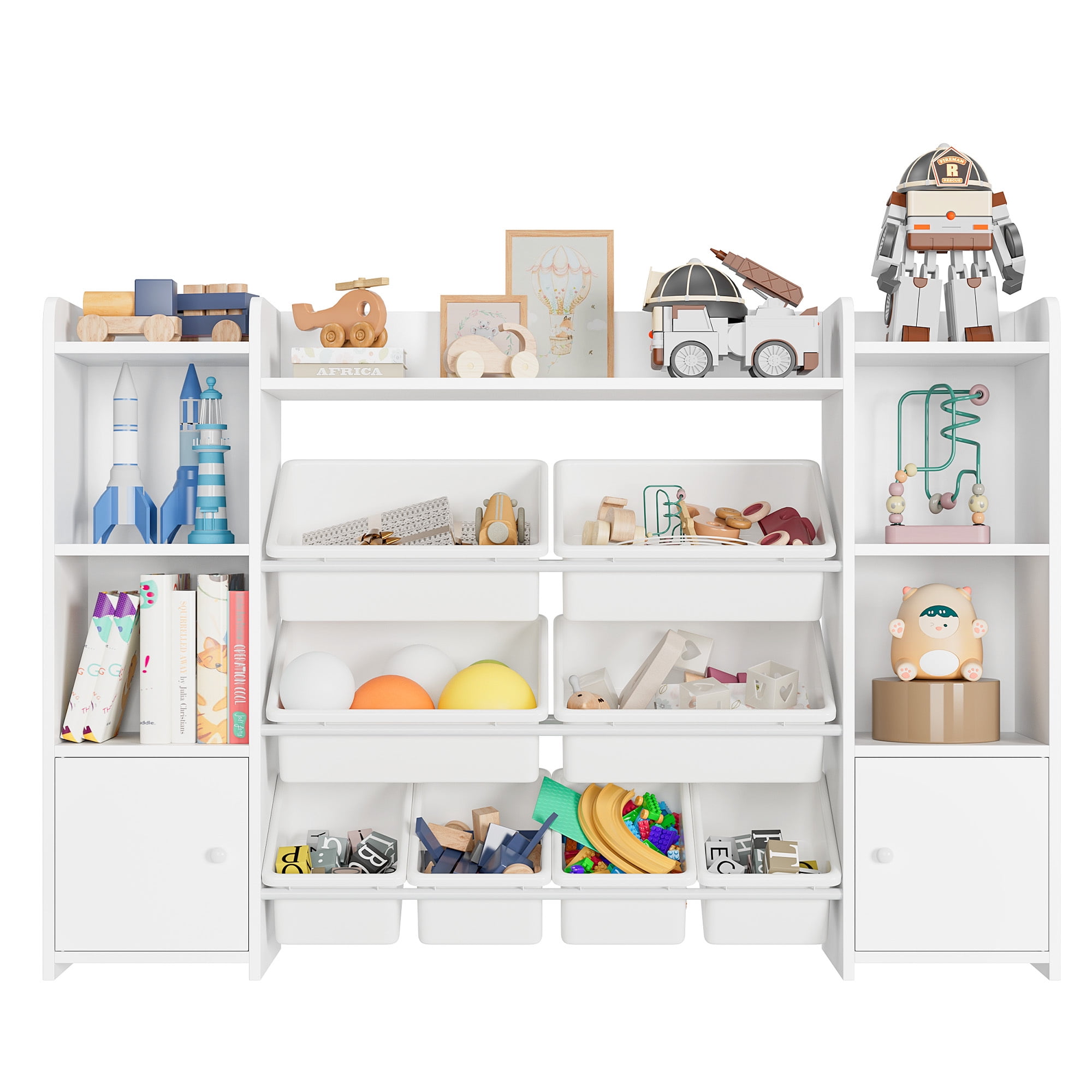 Homfa Kids Toy Organization Cubby Bookcase with 8 Bin, 2 Door White Storage Organizer Bookshelf for Children Room Playroom