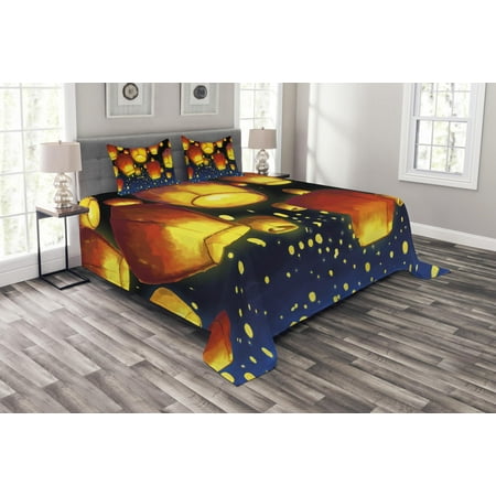 Chinese Quilt Lantern Bedspread Set, Floating Fanoos like Devices on Sky Festive Auspicious Asian Culture Chinese, Decorative Quilted Coverlet Set with Pillow Shams Included, Dark Blue Orange, by Ambesonne ()