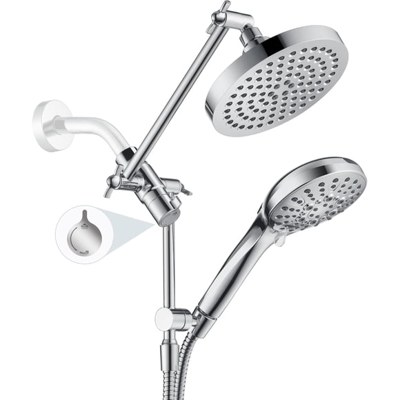 BRIGHT SHOWERS Rain Shower Head with Handheld Spray Built-in Power Wash, High Pressure Dual Shower Head with Height Adjustable Extension Arm, 3-Way Diverter, 9 Settings Handheld, 69” Long Hose, Chrome