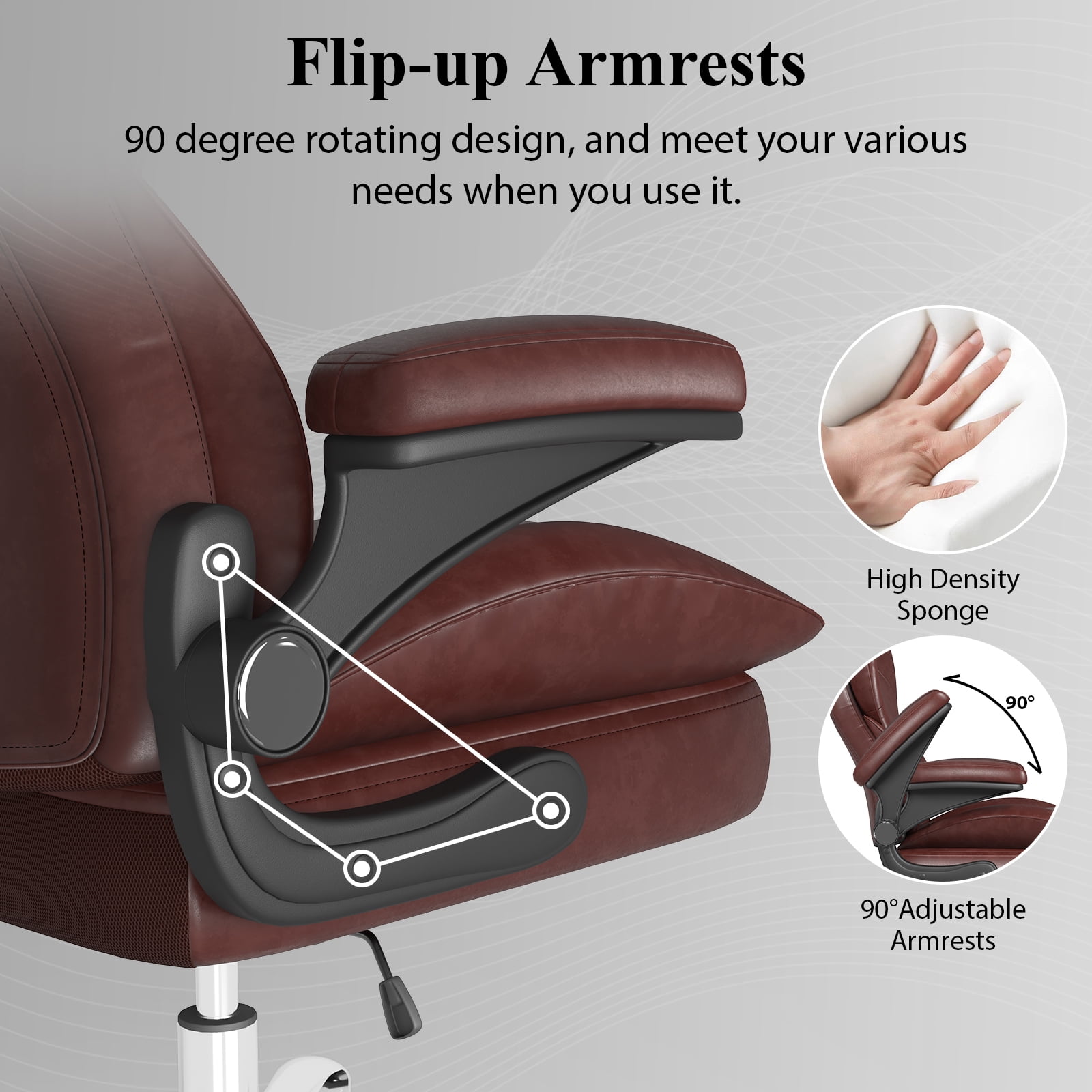 E-motie Home Office Chair with Flip-up Arms, Adjustable High Back Chair, Quiet Nylon Wheels, Brown