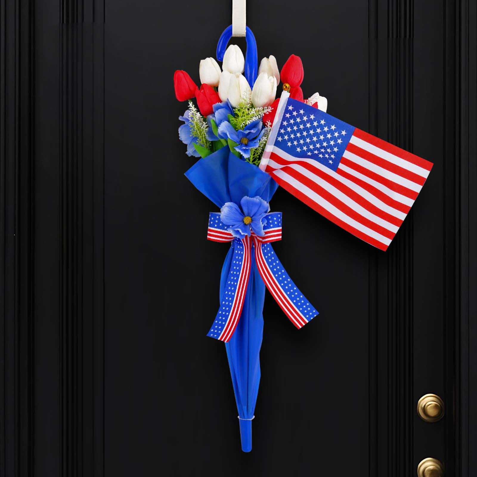 Qocolhg Patriotic Artificial Flower Bouquet for Front Door Decoration, Red, White Blue Tulip in Umbrella Wall Hanging Decor, Mixed Floral Arrangement for Memorial Day & 4th of July Table Centerpieces