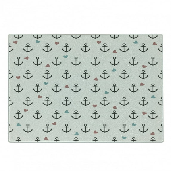 Anchor Cutting Board, Anchors and Colored Hearts Sailor Holiday Escape Seaside Explore Life, Decorative Tempered Glass Cutting and Serving Board, Small Size, Eggshell Charcoal Grey, by Ambesonne