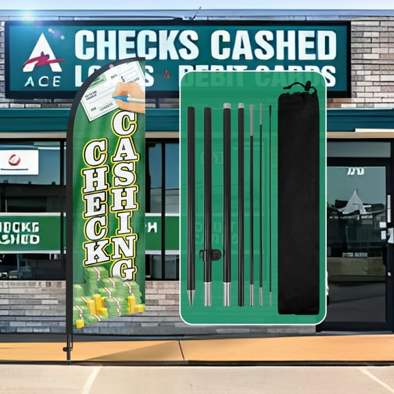 QSUM Check Cashing Feather Flag with Flag Pole Kit and Ground Spike, 8.2FT Check Cashing Windless Flag Banner Sign Business for Outdoor Advertising Sign Decoration Display