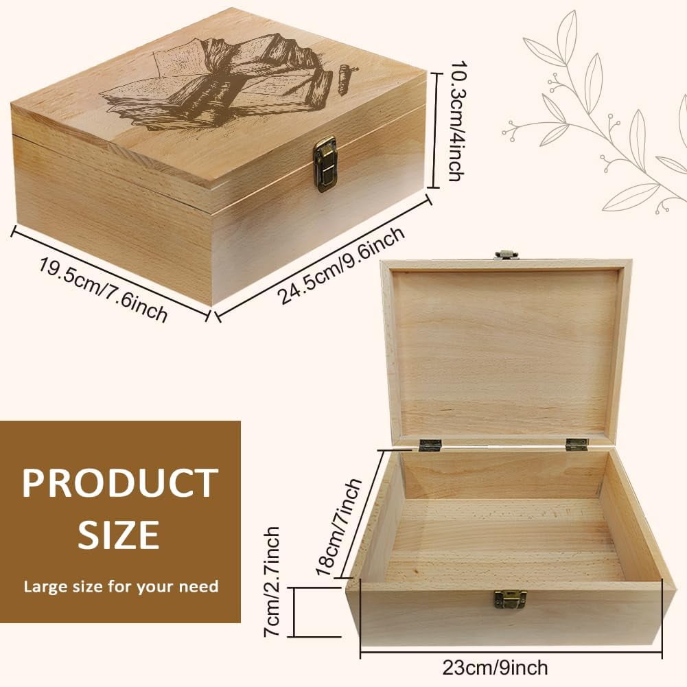 Book and Pen Theme Wooden Memory Keepsake Box Metal Knot Box with Hinged Lid and Lock Decorative Storage Box Stash Box for Photo Letter Souvenir Jewelry 7.6x9.6x4inch(19.5x24.5x10.3cm) BurlyWood