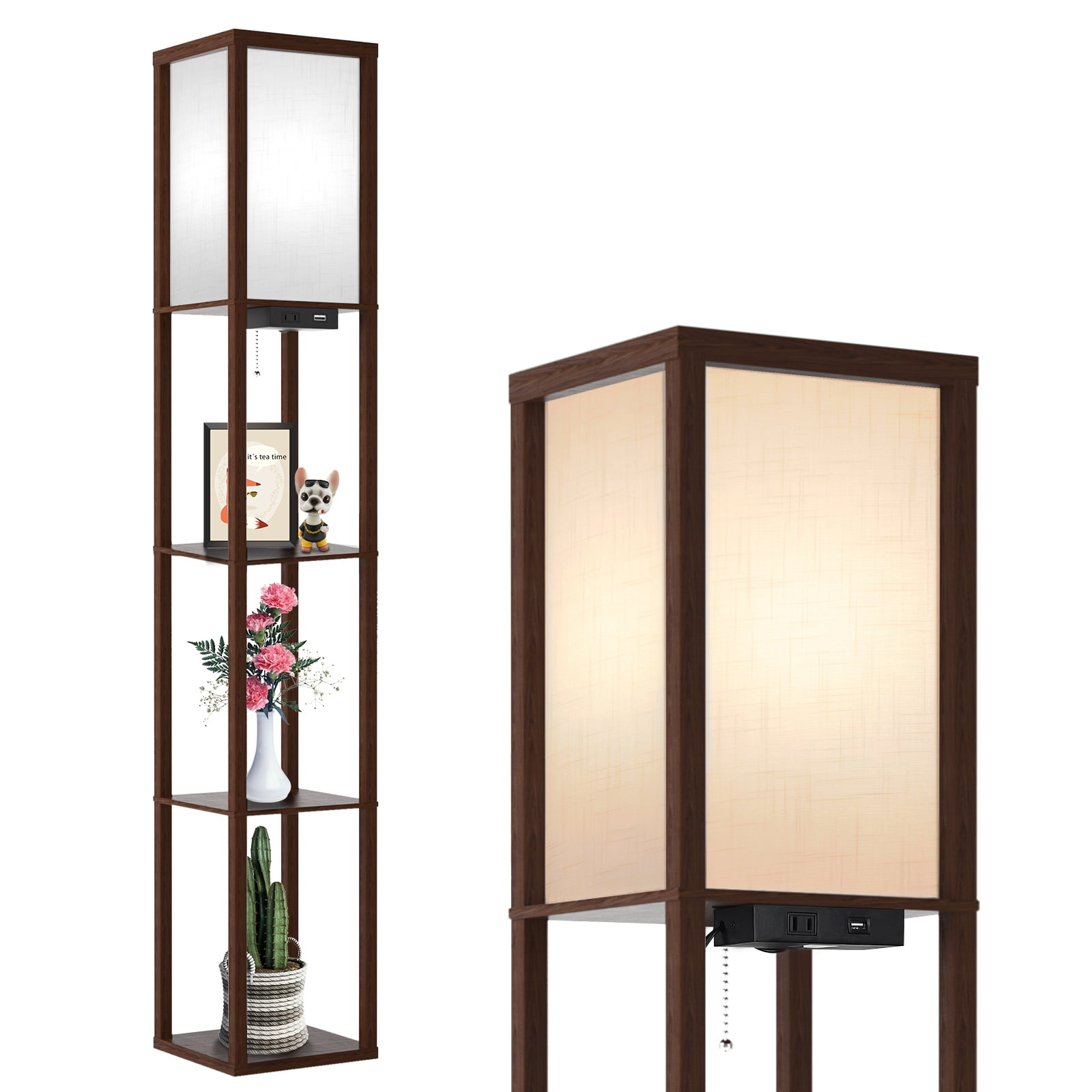 Outon Shelf Floor Lamp with USB Port 3 Color Temperature Walnut Tall