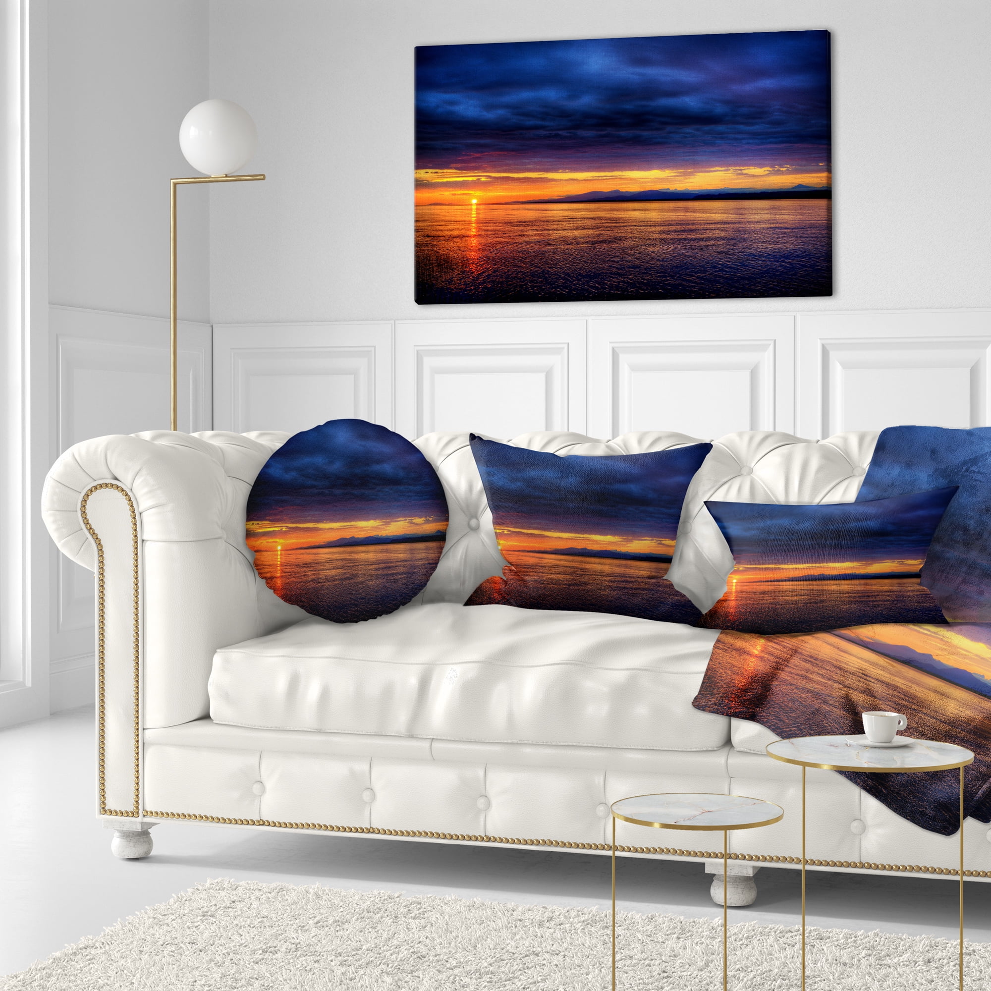 Designart Blue Cloudy Sky and Setting Sun - Seashore Photo Throw Pillow - 12x20