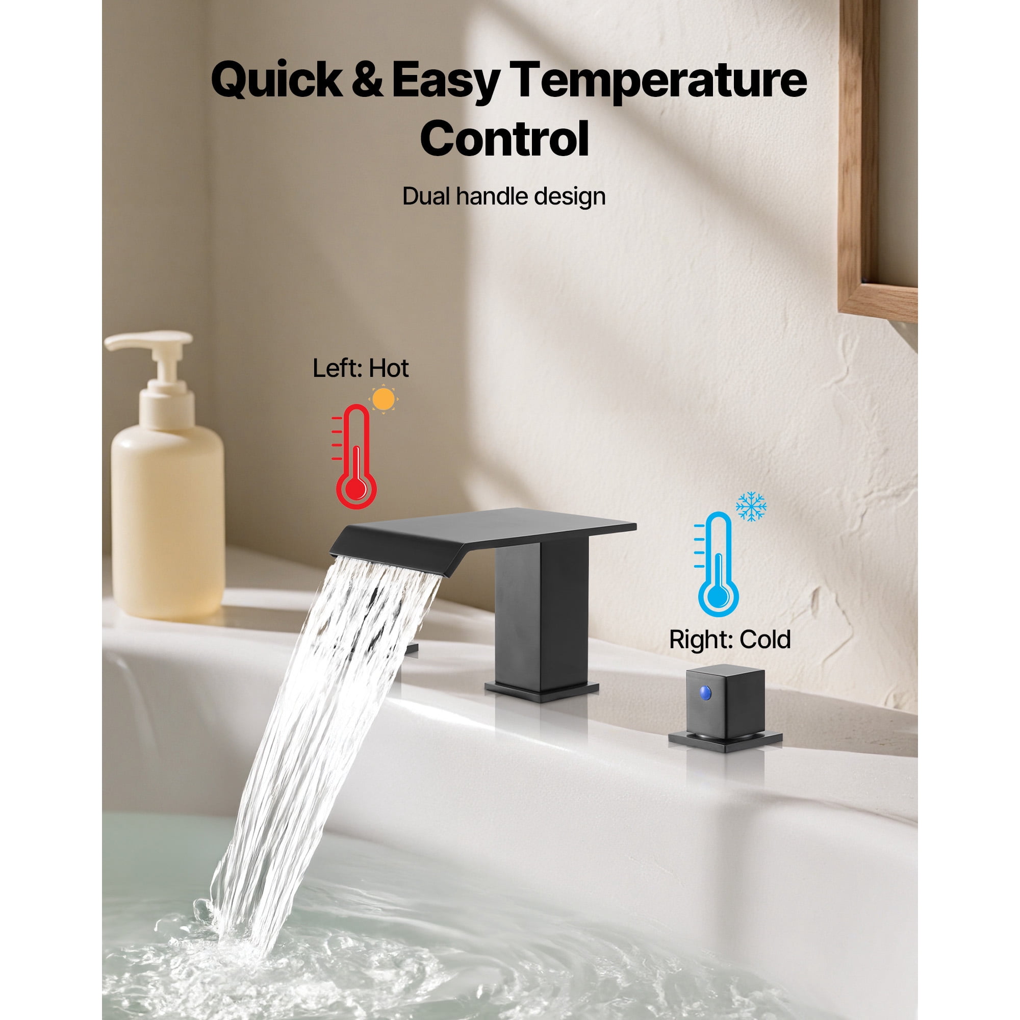 KFFKFF Roman Tub Faucet, 3-Hole Waterfall Bathtub Faucet, Deck-Mounted Bath Faucet Set with Dual Handles, Ideal for Bathing, Pet Cleaning, and Baby Care, Matte Black, Leak-Resistant