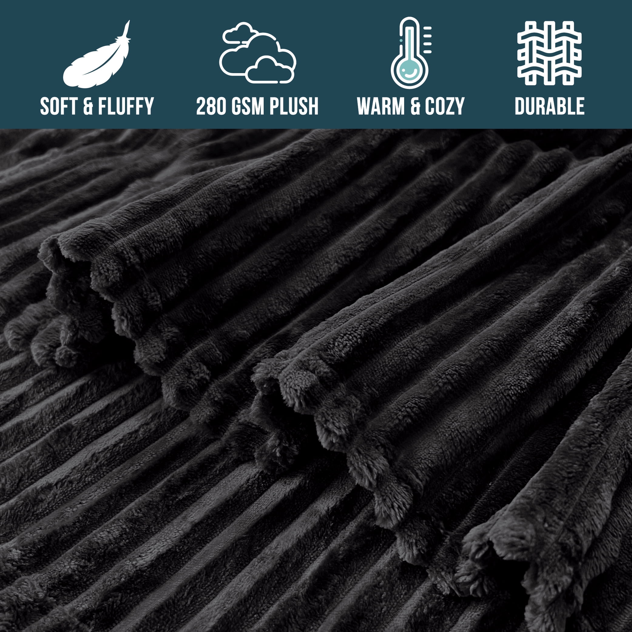 PAVILIA Soft Fleece Queen Bed Blanket Black, Large Fuzzy Plush Flannel Throw, Warm Cozy Ribbed Microfiber Blanket for Sofa Couch, Lightweight Striped Blanket, Black, 90x90