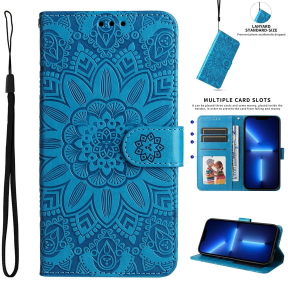 Nalacover Embossed Pattern Wallet Case for iPhone 14, 3D Flower Pattern Luxury PU Leather Flip Folio Case with Card Slots Holder Kickstand Magnetic Clasp Wrist Strap Shockproof Cover,Blue