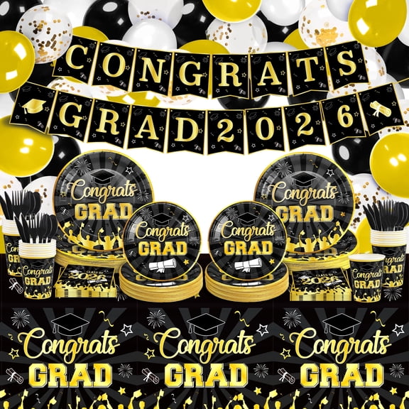 Suknil Graduation Decorations, Class of 2026 Graduations Party Supplies, 227pcs Graduation Disposable Dinnerware Set, Black Gold Graduation Tableware Plates