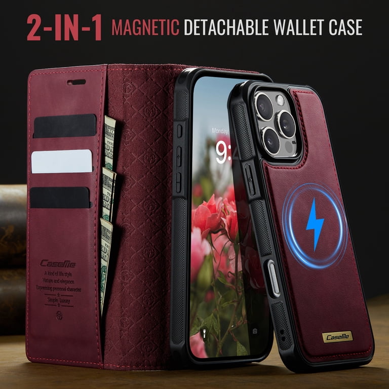 Wallet Case for iPhone 15 Pro Max, PU Leather + TPU Material, Detachable Magnetic Back Cover, Rfid Blocking 3 Card Slots and 1 Cash Pocket, Kickstand Wallet Case for iPhone 15 Pro Max, PU Leather + TPU Material, Detachable Magnetic Back Cover, Rfid Blocking 3 Card Slots and 1 Cash Pocket, Kickstand