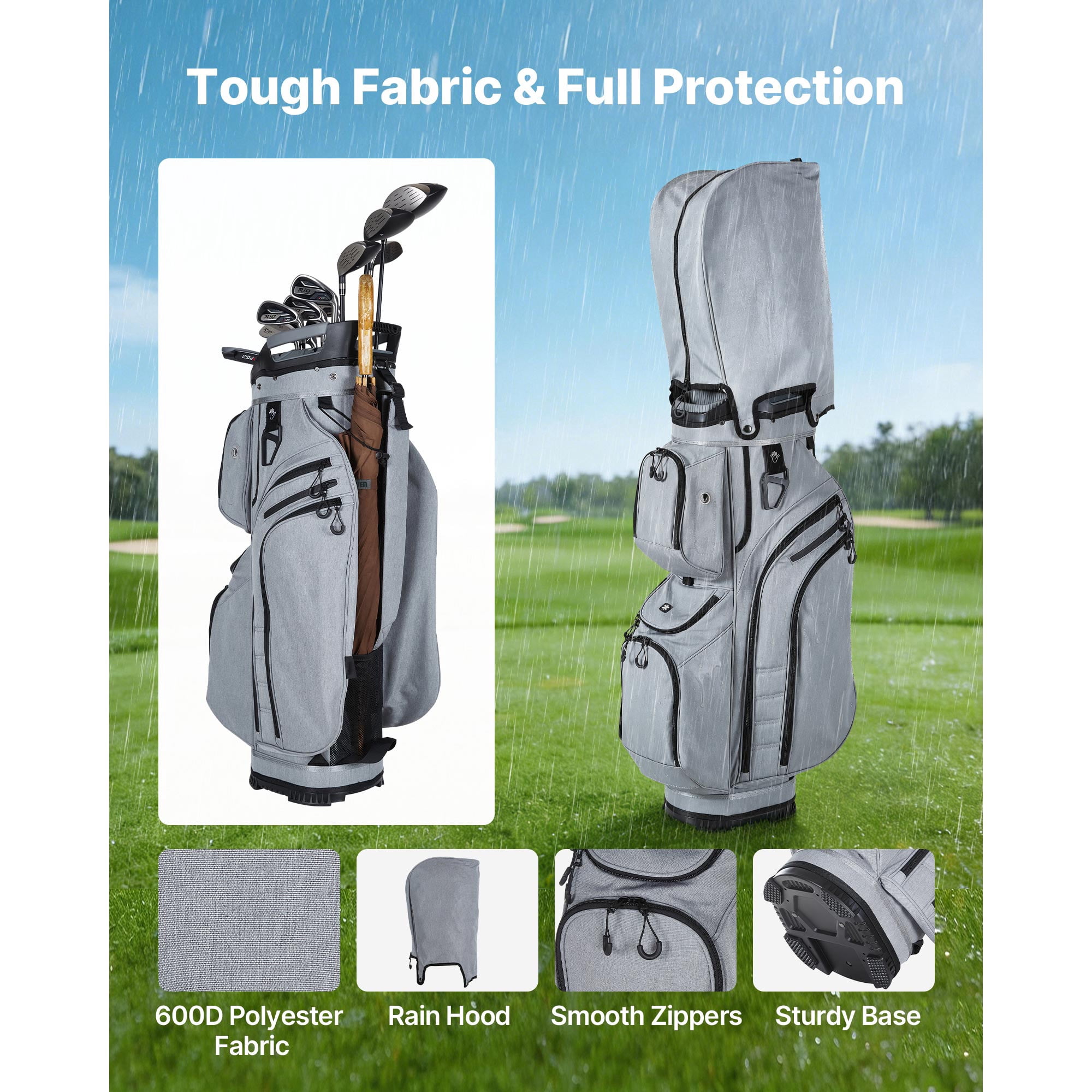 KFFKFF Golf Cart Bag with 15-Way Divider, Full-Length Club Protection, Rain Cover, Multiple Storage Pockets, Durable Polyester Material, Silicone Head Covers, and Comfortable Shoulder Strap