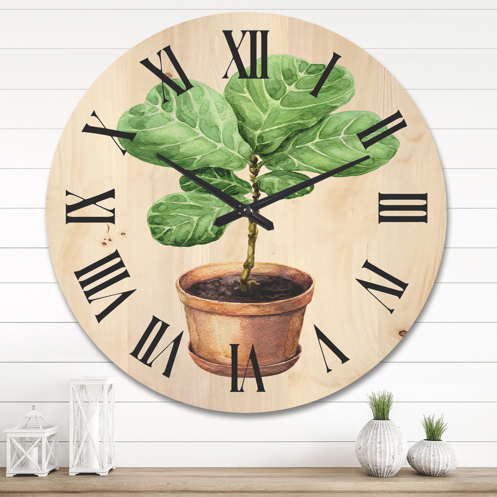 Designart 'Ficus Lyre Plant In Clay Flowerpot' Traditional Wood Wall Clock