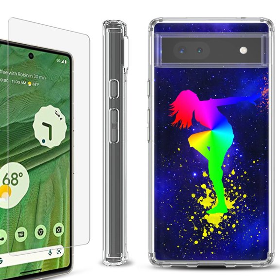 Shockproof Bumper Phone Case for Google Pixel 6a, with Tempered Glass Screen Protector, by OneToughShield ® - Cosmos Dance
