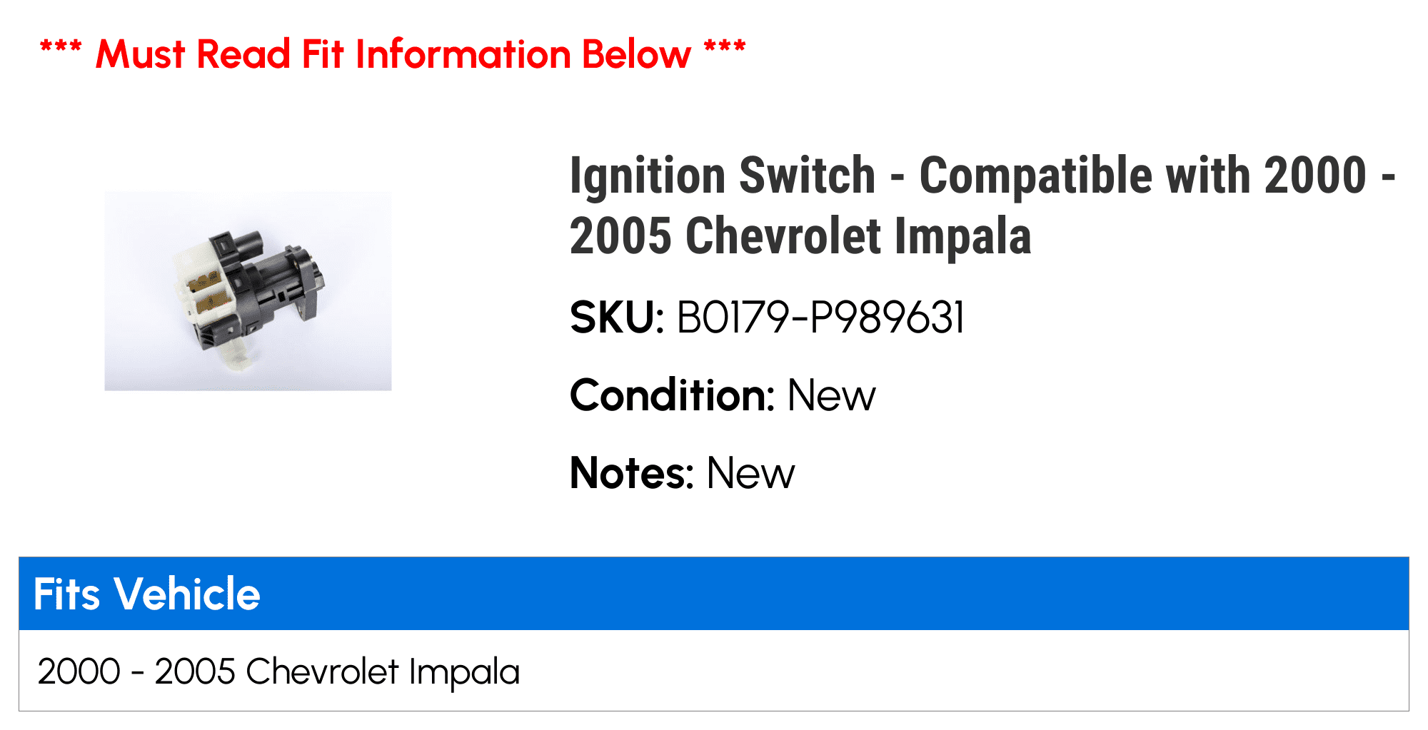 Ignition Switch - Compatible with 2000 - 2005 Chevy Impala 2001 2002 2003 2004