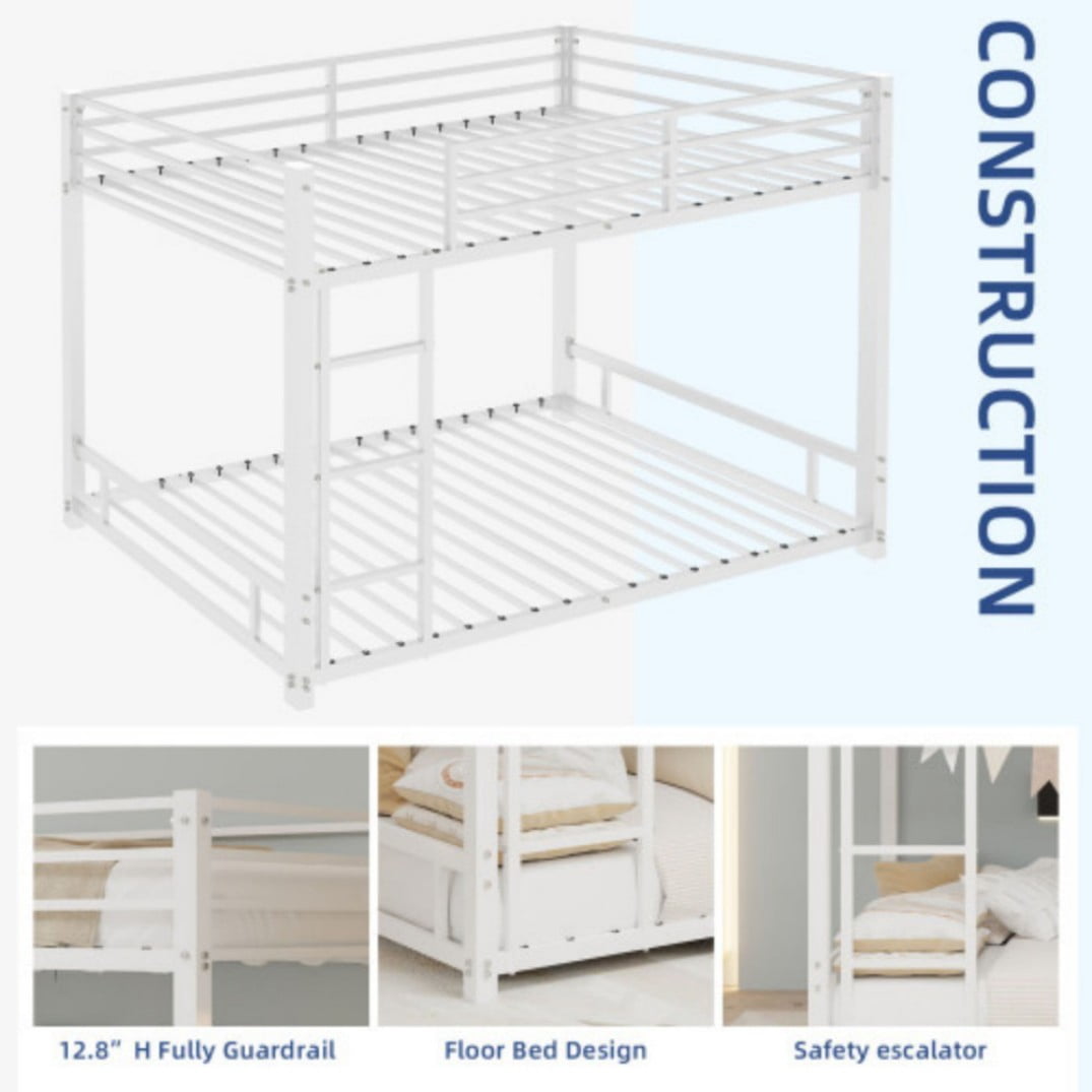 Twin Over Twin Metal Bunk Bed, Heavy-Duty Frame with 13" Guardrails, 3-Step Ladder, Noise-Reduced Slats, No Box Spring, White