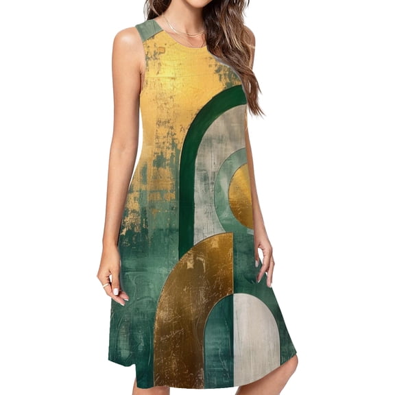 Sage Green And Gold Abstract Texture Spring Summer Dresses For Women Fashion Dress Casual Sleeveless Loose Sundress With Pockets
