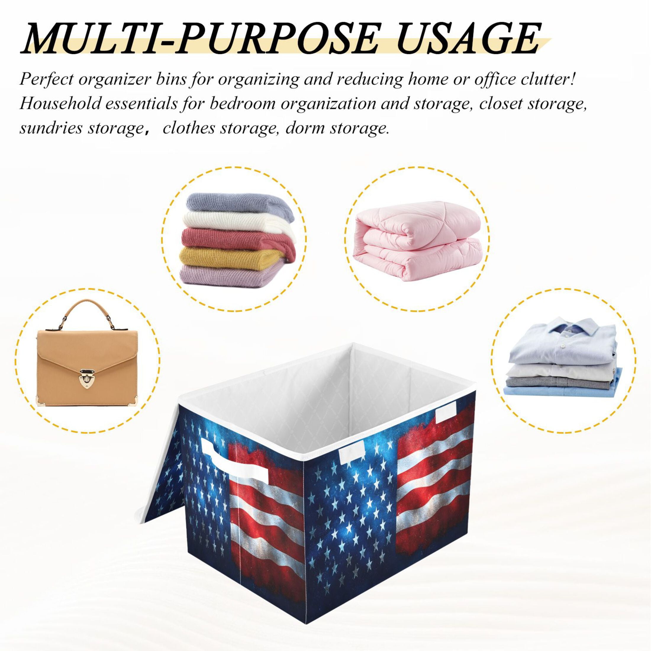 Ryvnso American Flag Large Lidded Foldable Storage Baskets Cubes Boxes Lids Bin for Home