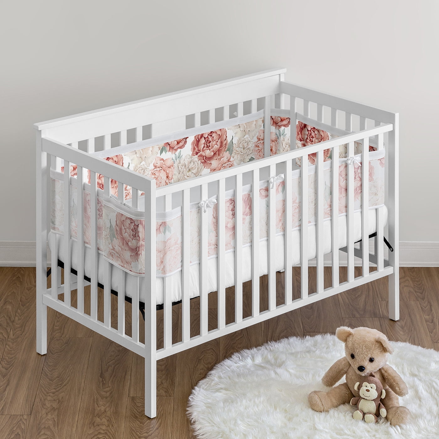 Sweet Jojo Designs + BreathableBaby Peony Floral Garden Pink Ivory Breathable Mesh Crib Liner Pad