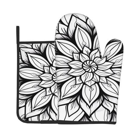 

Jgfou Mandala Floral Line Art Pattern Oven Mitts and Pot Holders Sets Heat Resistant Oven Mittens Soft Lining Extra Thicken Long Kitchen Cotton Oven Glove for Cooking
