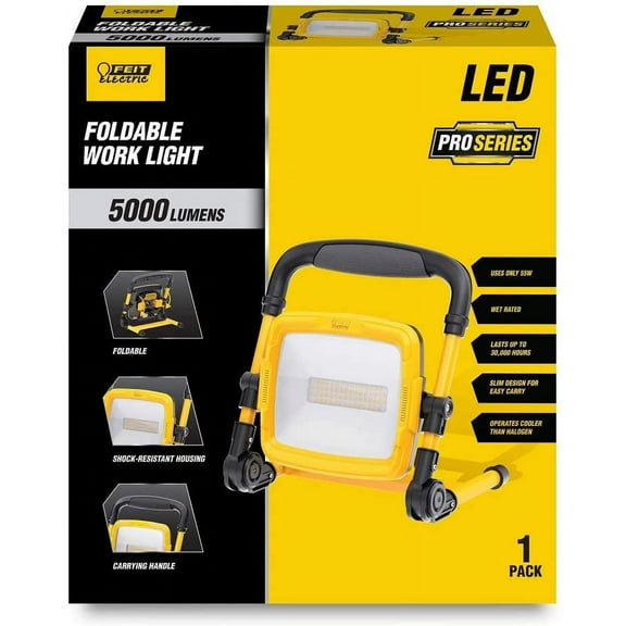 Feit Electric WORK5000XLPLUGFOLD 54W 5000 Lumens ProSeries Ultra Bright Flood Wet Location 5000K Plug-in Portable Foldable LED Work Light, 3.2" L x 11" W x 11" H, Black/Yellow