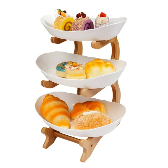 ChicHomey 3-Tier Serving Bowls with Stand,Food-Grade PP & Bamboo Wood Stand,Space-Saving Stackable Design for Food,Vegetable,Cake,Dessert Storage,White