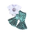 thumbnail image 1 of Girls Fashion Shell Printed Lace up Top Cute Mermaid Fish Scales Bell-bottomed Pants Two Piece Set, 1 of 5
