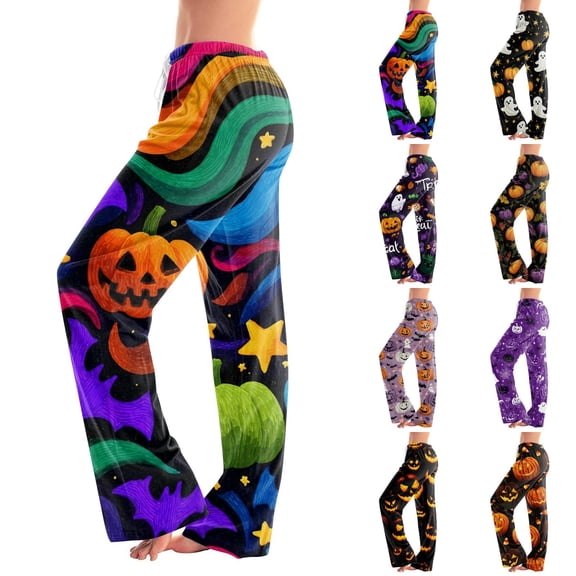 IYYVV Halloween Pajama Pants Women Cute Funny Pumpkin Print Palazzo Pajamas Casual Elastic Waist Pants Fall Pajamas 2026 Multicolor M