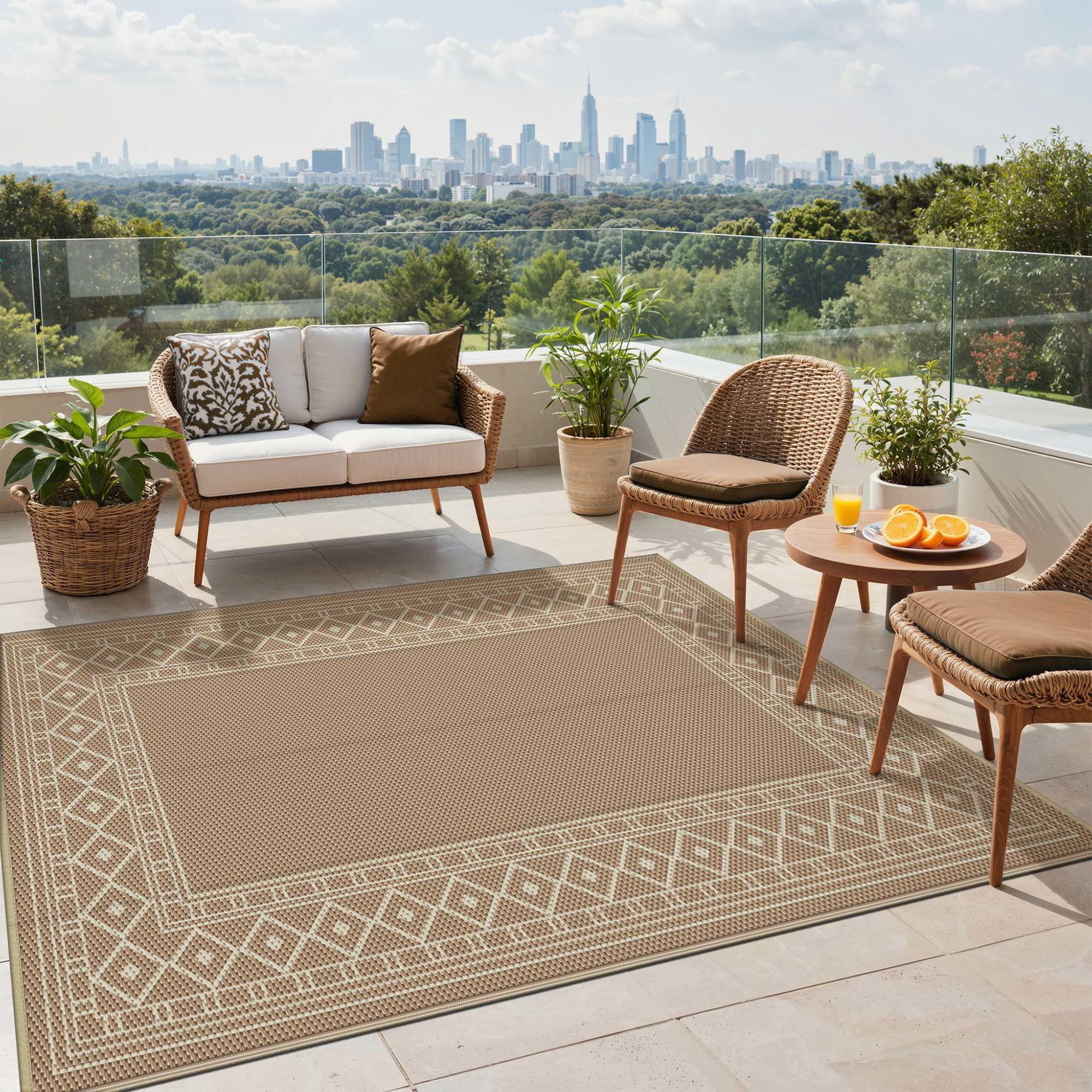 DEORAB 8'x10' Outdoor Rugs Waterproof Patio Reversible Plastic Carpet Camping Outside Mat For Garden RV Camping Porch Deck Backyard, Brown & Beige