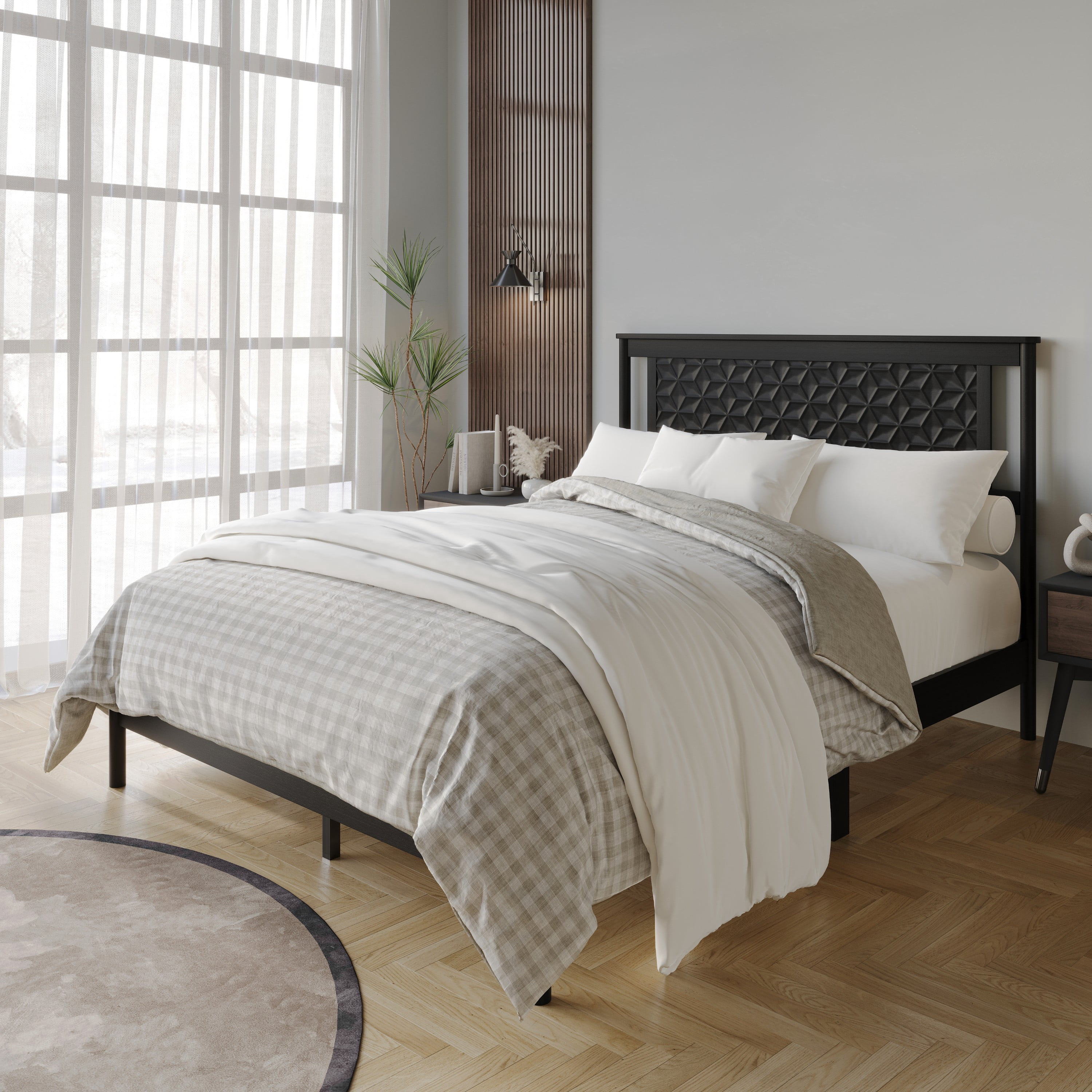 Home Design Tuskegee Queen Panel Bed Frame with Geometric Headboard and Solid Wood Frame, Black, Box Spring Required, Easy Assembly