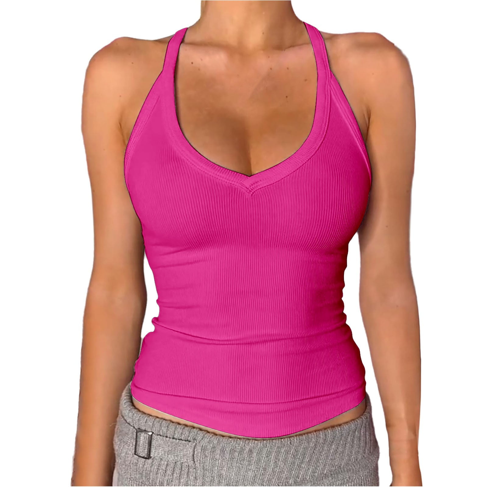 DondPO Womens Tank Tops,Lady V Neck Racer Back Tank Top For Women Padded Ribbed Long Tank Fitted Basic Tops,Halter Tops for Women,Womens Loose Tank Tops Clearance! Pink XS Clearance!