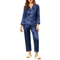 thumbnail image 2 of INSPIRE CHIC Women's Satin Lounge Set Long Sleeve Button Down Shirts with Pants Silky Pajamas XS Dark Blue, 2 of 7