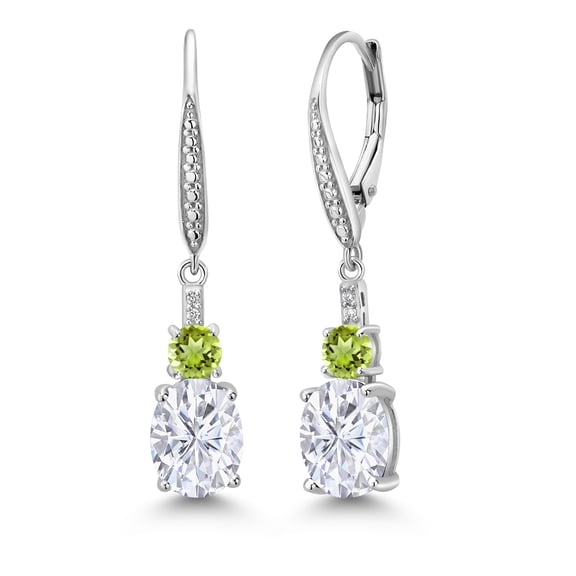 Gem Stone King 925 Sterling Silver White Moissanite and Green Peridot Dangle Earrings for Women with Lab Grown Diamond (4.83 Cttw, Oval 9X7MM)