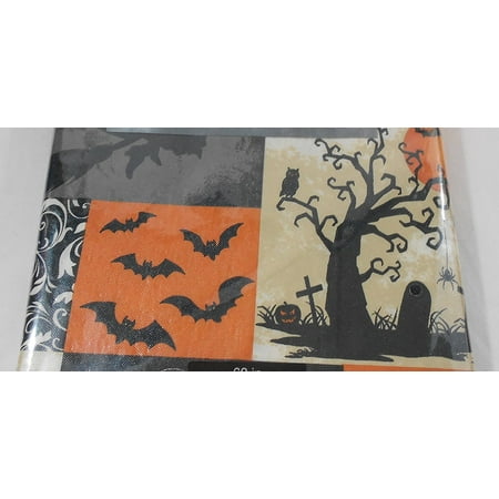 52 X 70 Spooky Vinyl TableclothPerfect for Halloween Table - decorated with Graveyard, Bats, Cats, Skull & Bones By Makers Halloween