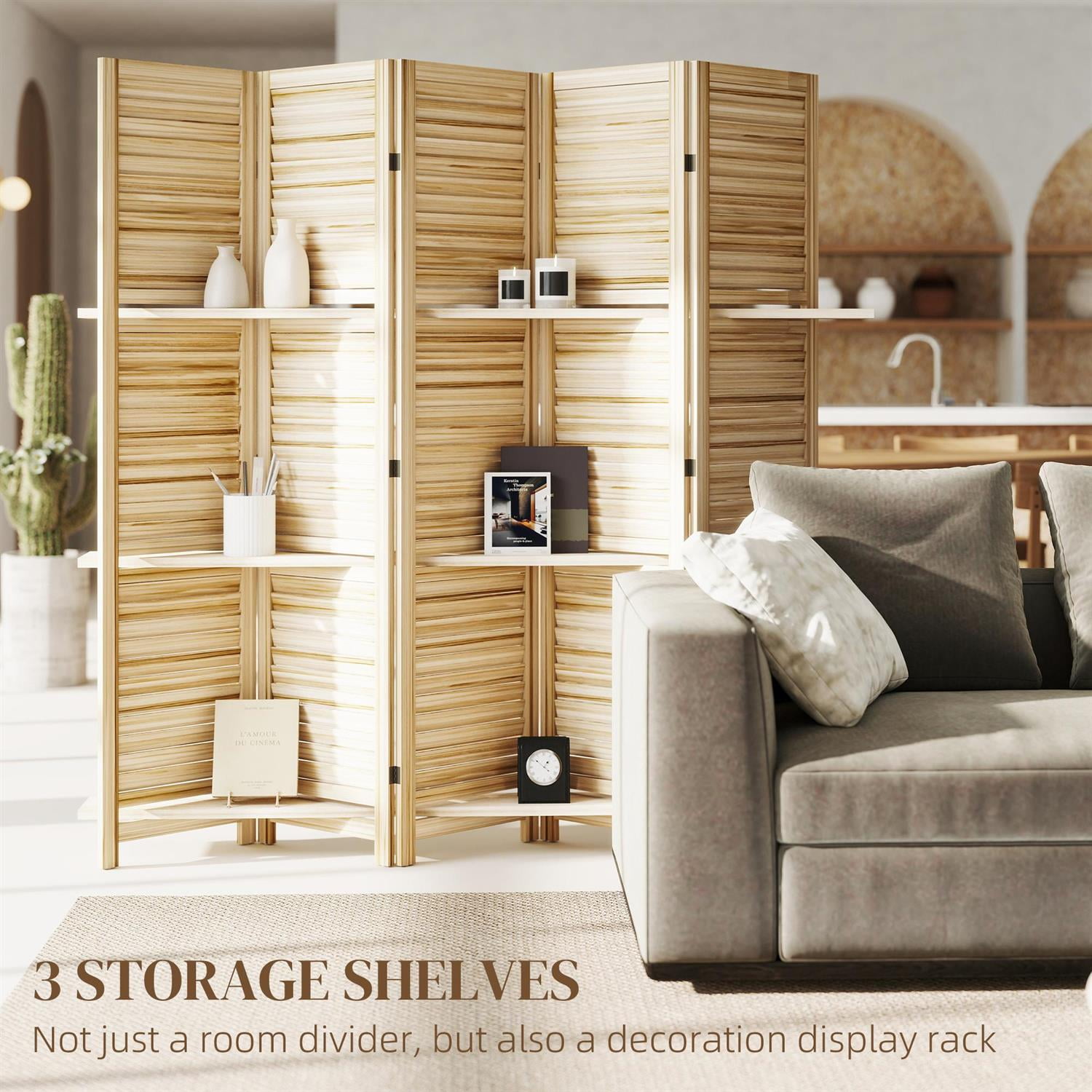 Demi Bonn 67" Tall Wood Privacy Screen Room Divider with 5 Panels, 3 Shelves, Folding Storage for Bedrooms, Beige