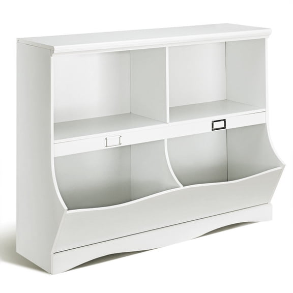 Furnibear Bookcase with 4 Divided Compartments and Rounded Wood Frame, 41.5 x 15.5 x 33 in, Assembly Hardware Included for Book and Toy Storage in a Playroom, White