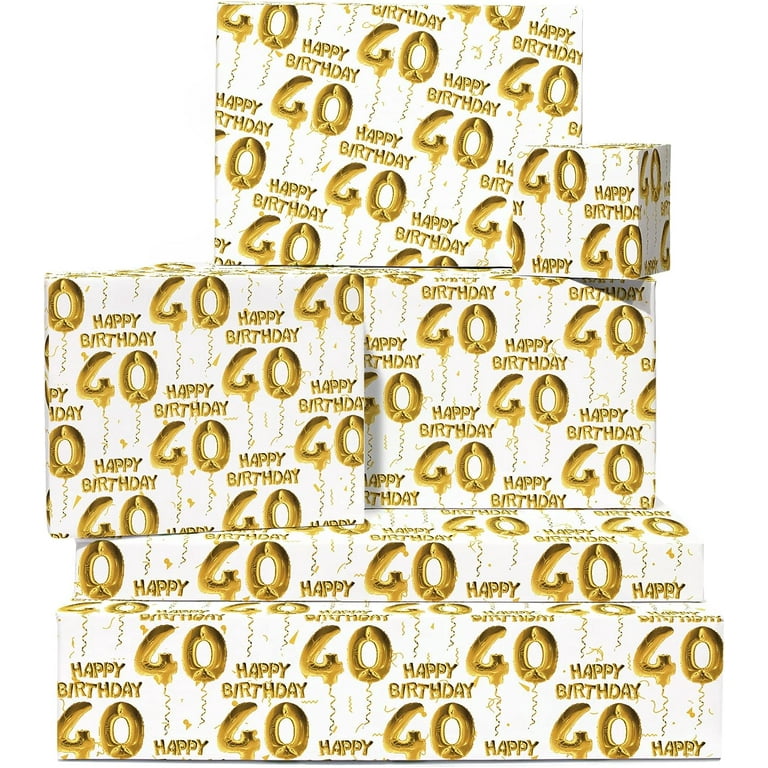 Birthday Wrapping Paper for Men - 6 Sheets of Gift Wrap - 40th Birthday -  Age 40 Forty - For Women - Birthday Balloon - Comes with Stickers - By  Central 23 