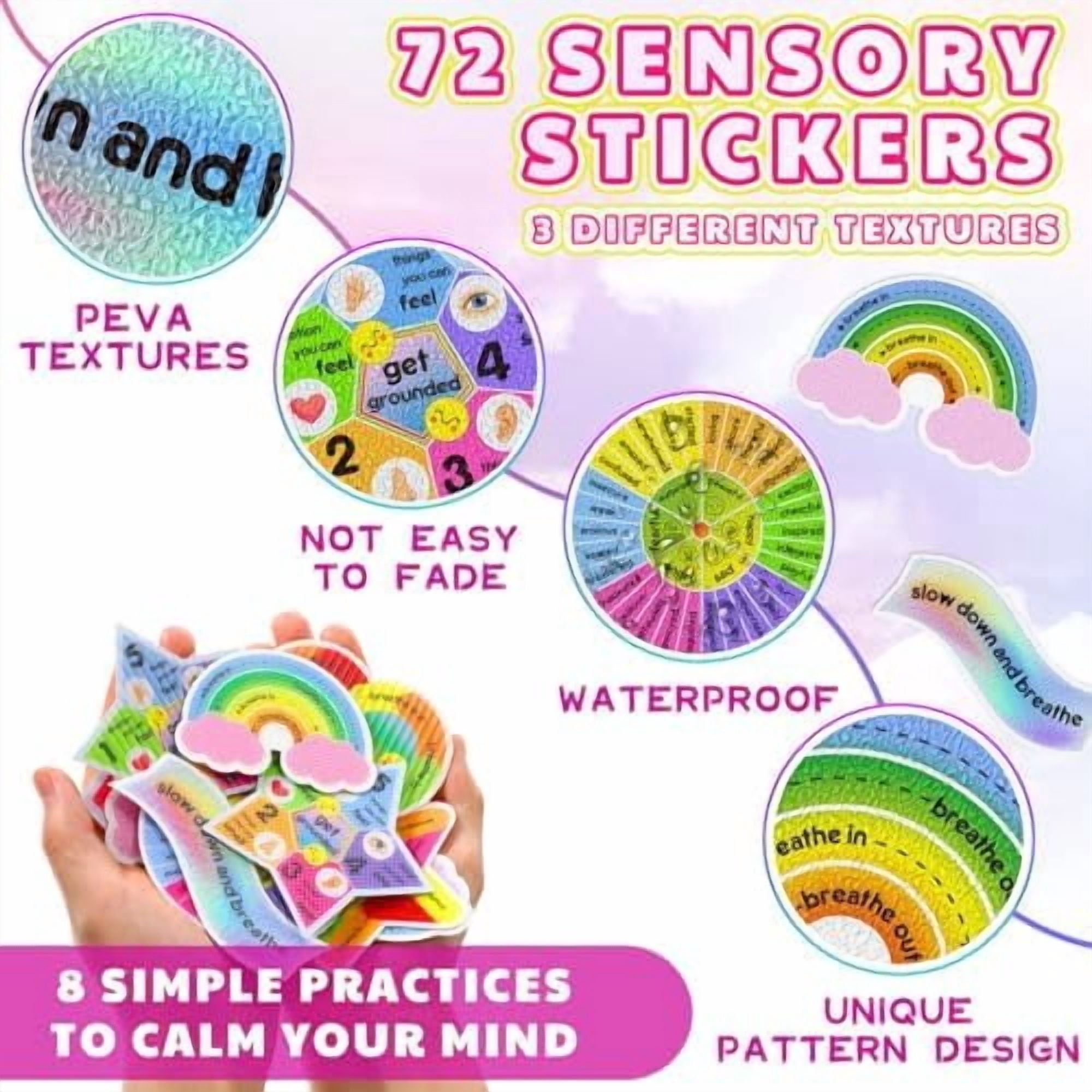 72 Pieces Anxiety Sensory Stickers Textured Stickers Fidget Mindfulness Sticker School Counselor Supplies Adult Sensory Items Anxiety Relief, 9 Styles(Cute Color)