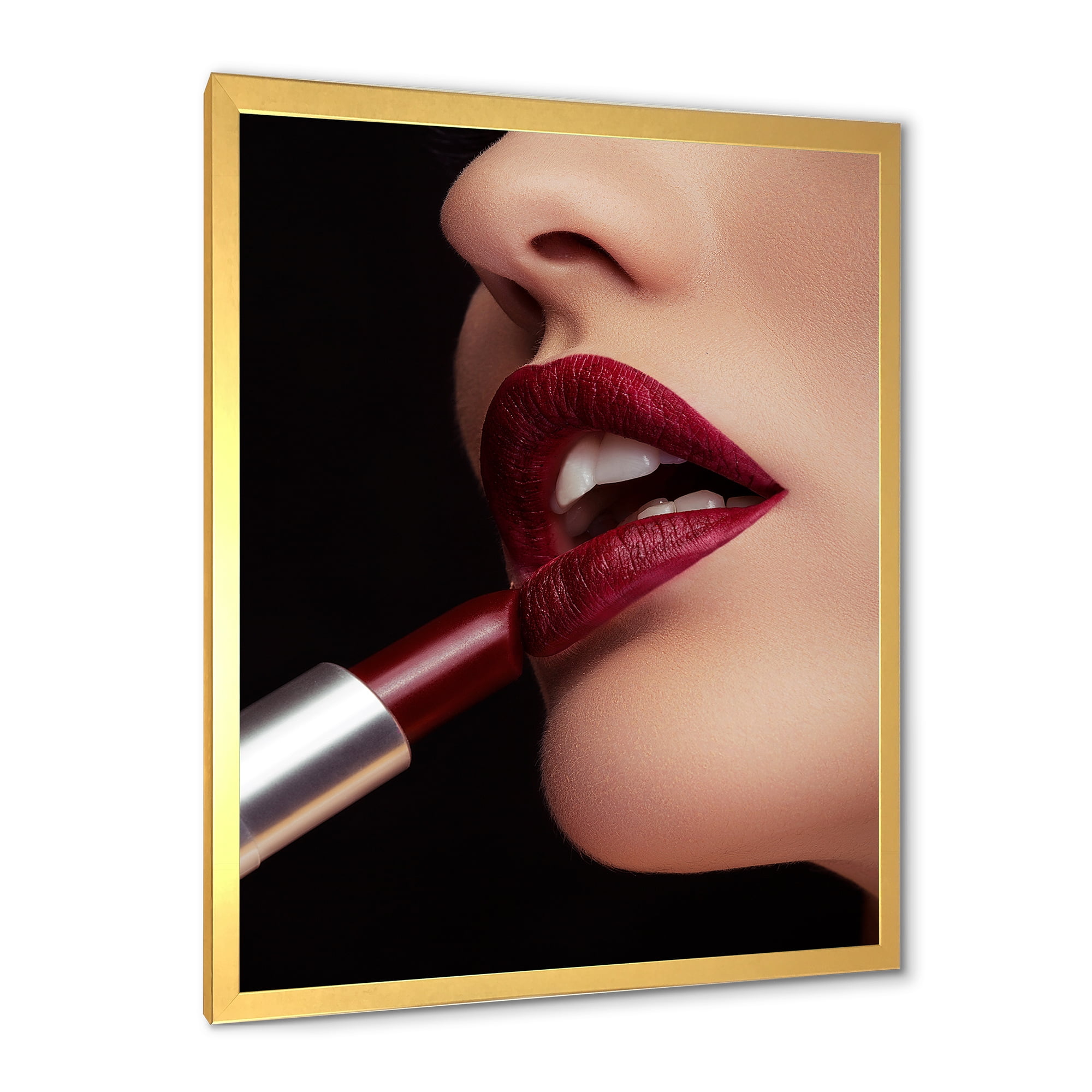 Designart 'Woman Applying Red Lipstick On Lips I' Modern Framed Art Print