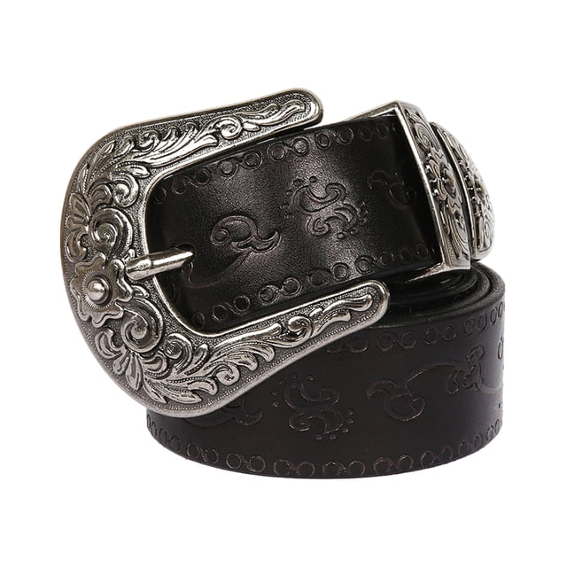 braveheart Sturdy Belt With Alloy Buttons Practical And Convenient For Everyday Long Fashion Embossed Pattern Rivet Belt round flowers black 115cm 1Set
