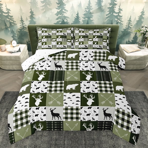 Homewish Wildlife Moose Elk Bedding Comforter Set, Woodland Animal Bear Twin Comforter Sets, Green Rustic Farmhouse Reversible Bedding Set, Super Cozy Room Decor, 2-Piece