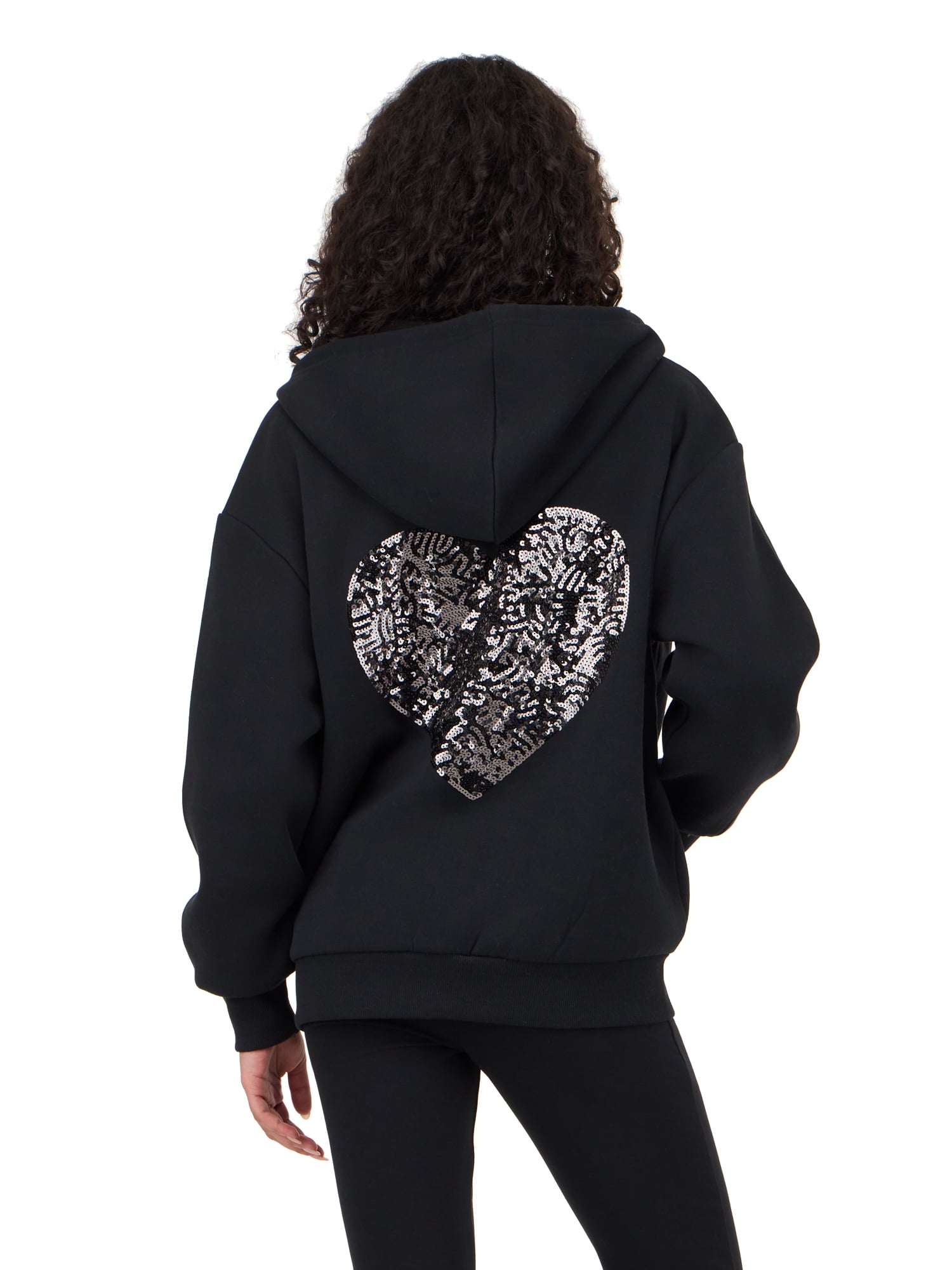Forever 21 Women's Fleece Zip Up Hoodie with Front and Back Graphic Detail, Relaxed Fit Sweatshirt Jacket, Casual Everyday Layering Style, Black, XXS-4X